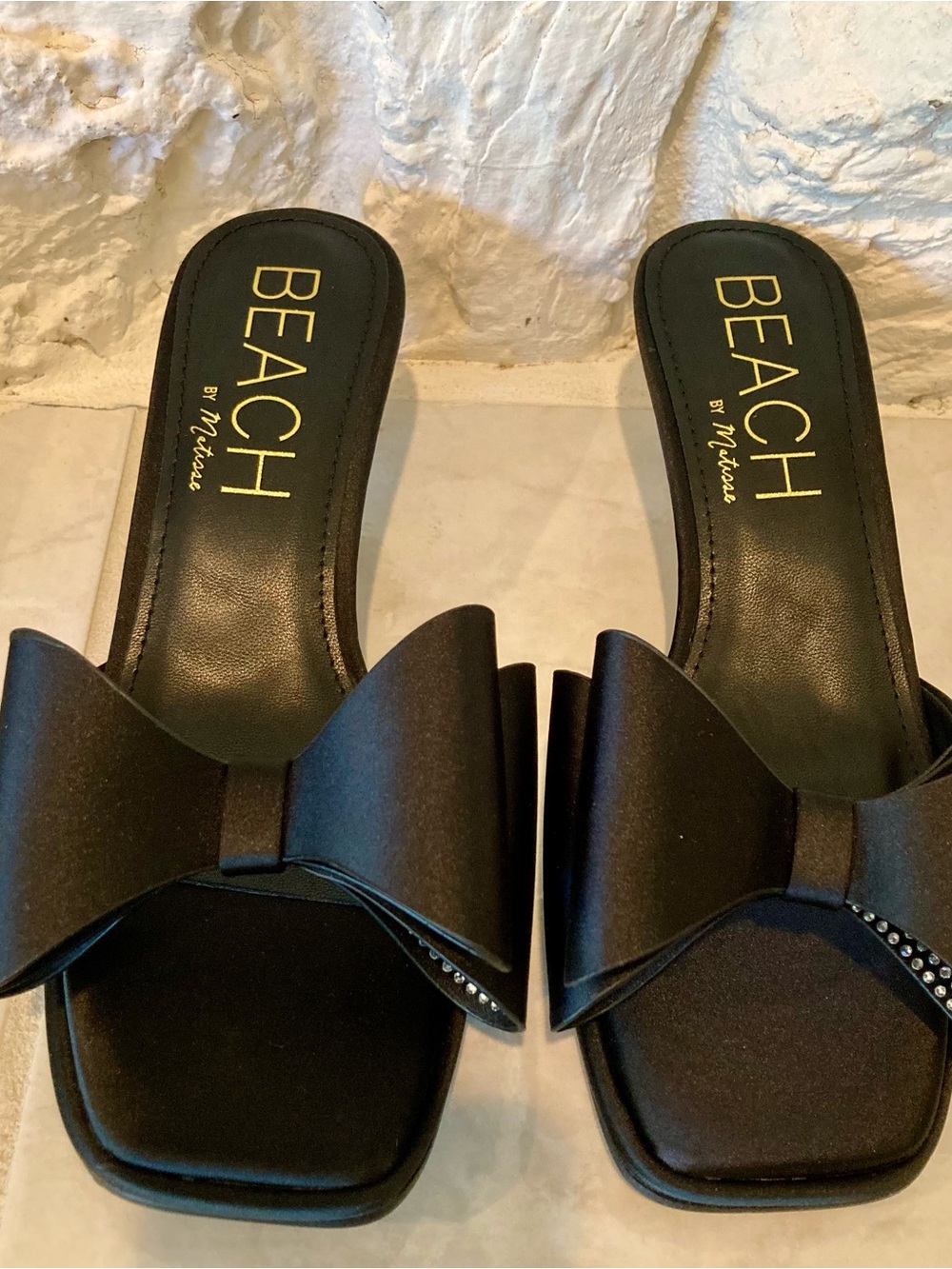 Matisse Black Satin Bow Kitten Heel Mules with Crystal Accent - Picture 9 of 16